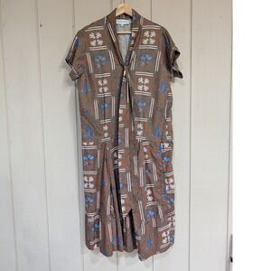 Brooke Wright OS Brown Floral Tile Print Tie Neck Ruffle Hem Midi Dress OS